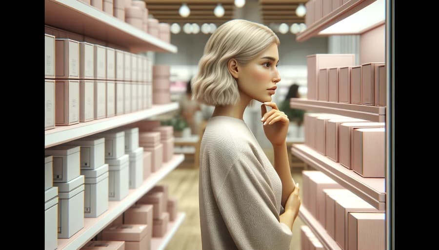 DALL·E 2024-05-01 04.45.58 - A highly realistic image of a blonde woman standing in a store, contemplating what to choose. The woman is depicted in an ultra-realistic style, possi